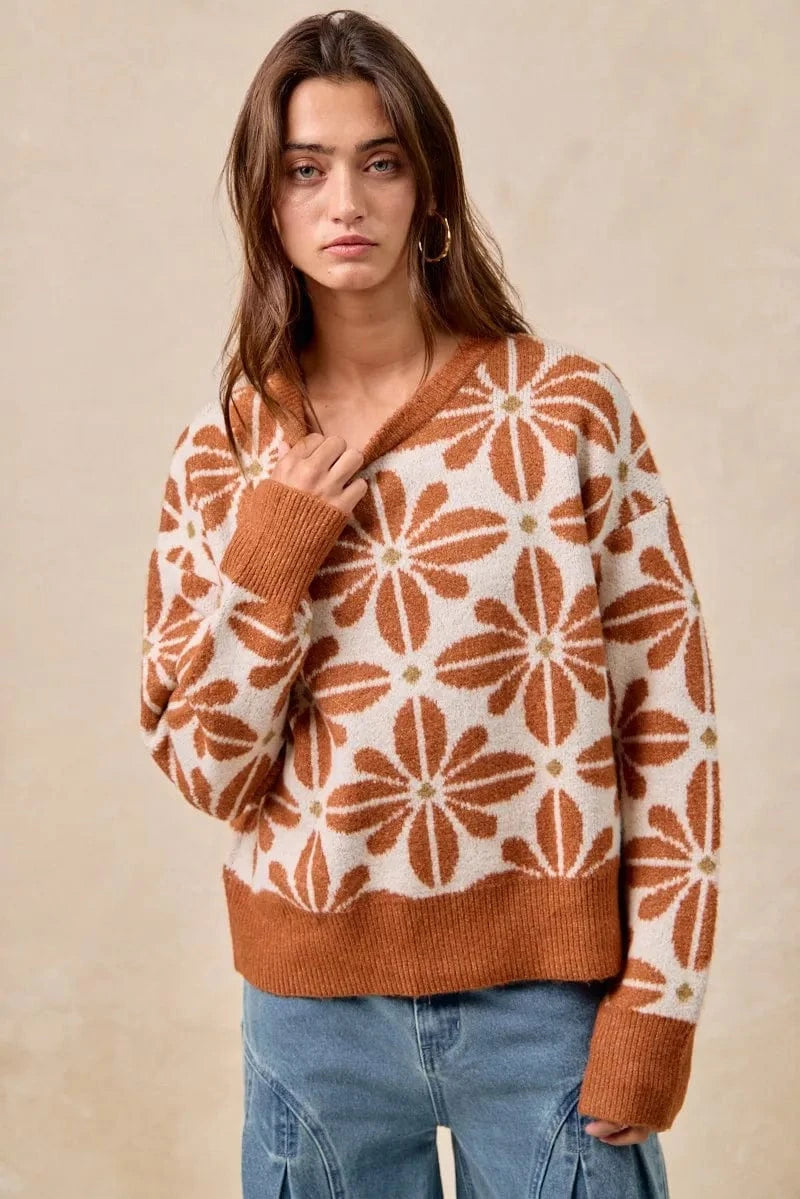 BiBi Flower Pattern Long Sleeve Sweater - ShalayeFashion