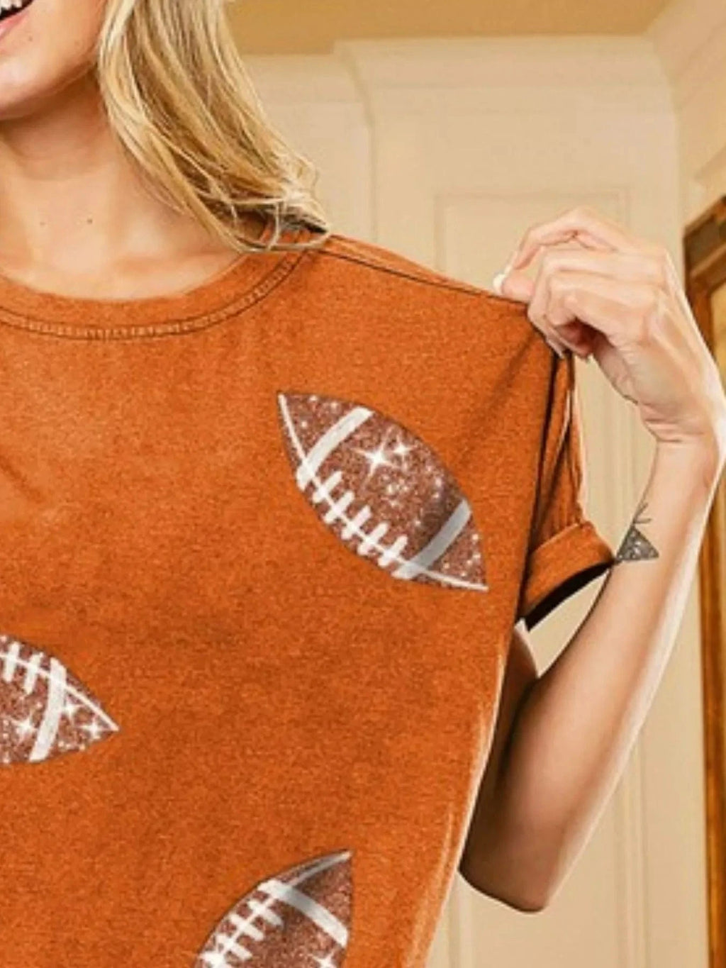 BiBi Football Sequin Embroidery Vintage Washed Top - ShalayeFashion