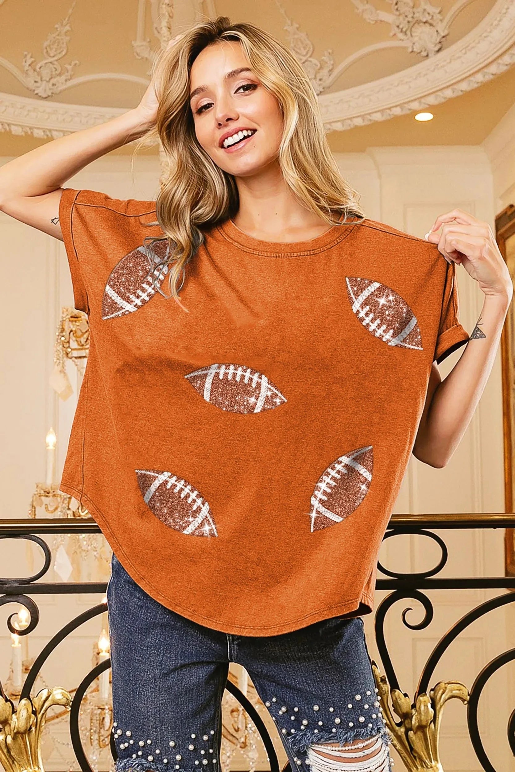 BiBi Football Sequin Embroidery Vintage Washed Top - ShalayeFashion