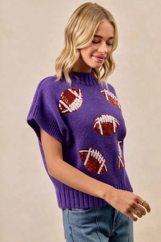 BiBi Gameday Sequin Football Patches Rib Banded Sweater - ShalayeFashion