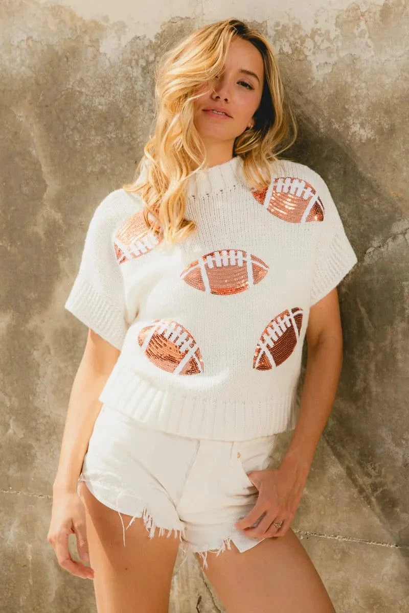 BiBi Gameday Sequin Football Patches Rib Banded Sweater - ShalayeFashion