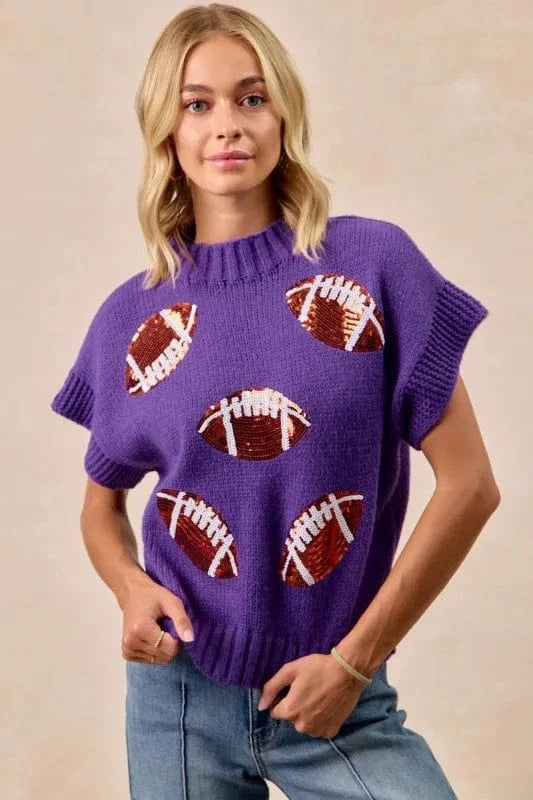 BiBi Gameday Sequin Football Patches Rib Banded Sweater - ShalayeFashion