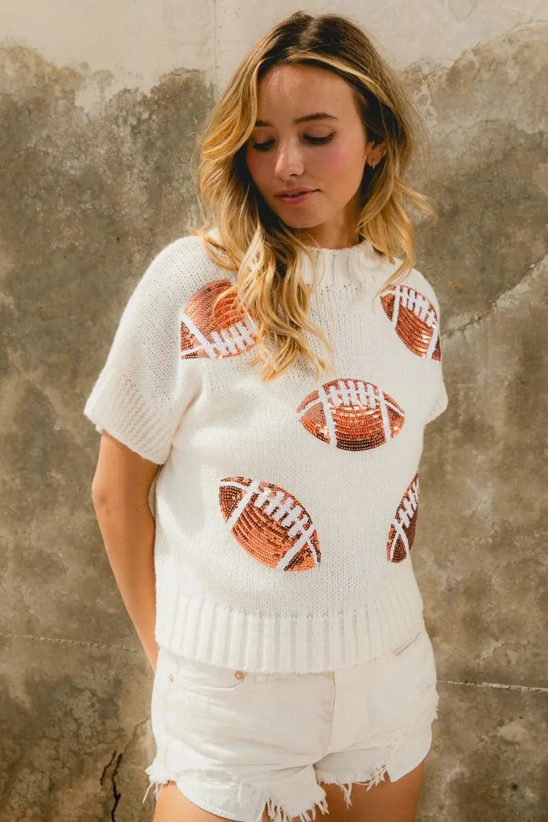 BiBi Gameday Sequin Football Patches Rib Banded Sweater - ShalayeFashion