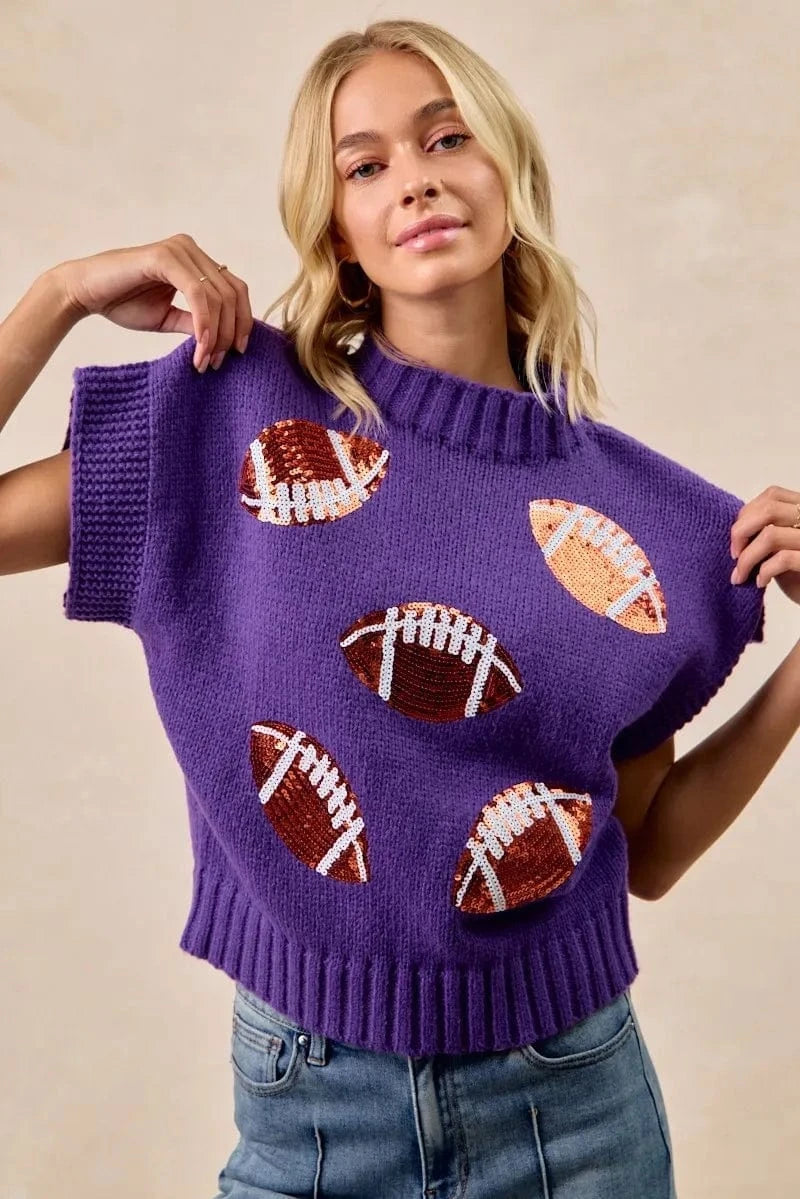 BiBi Gameday Sequin Football Patches Rib Banded Sweater - ShalayeFashion