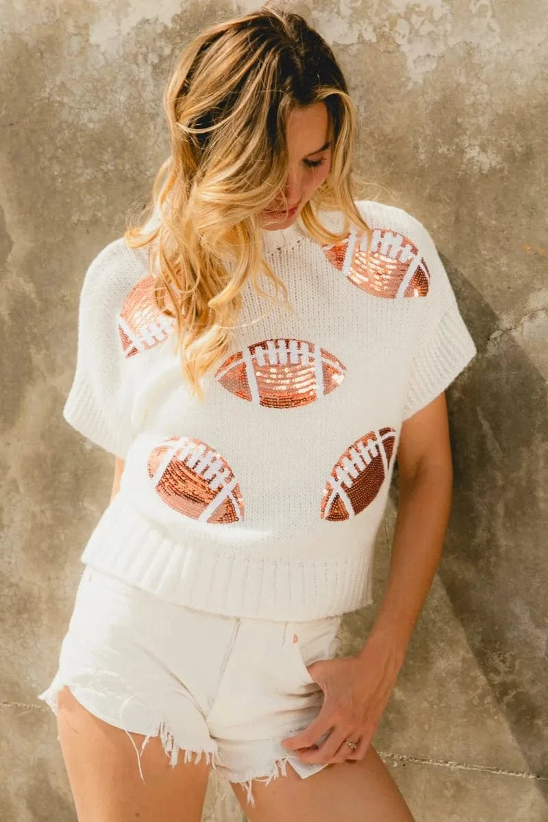 BiBi Gameday Sequin Football Patches Rib Banded Sweater - ShalayeFashion