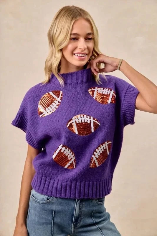 BiBi Gameday Sequin Football Patches Rib Banded Sweater - ShalayeFashion