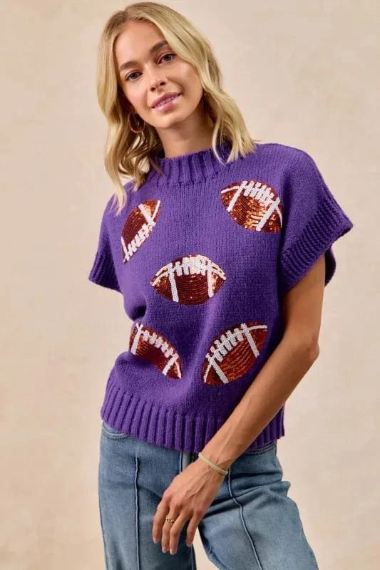 BiBi Gameday Sequin Football Patches Rib Banded Sweater - ShalayeFashion