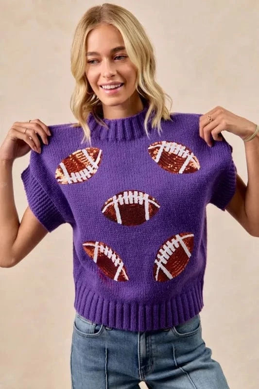 BiBi Gameday Sequin Football Patches Rib Banded Sweater - ShalayeFashion