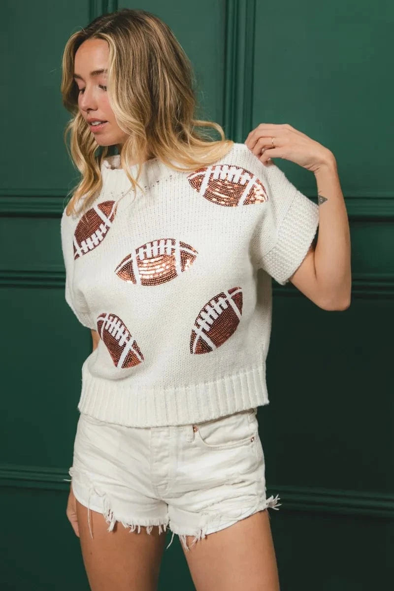 BiBi Gameday Sequin Football Patches Rib Banded Sweater - ShalayeFashion