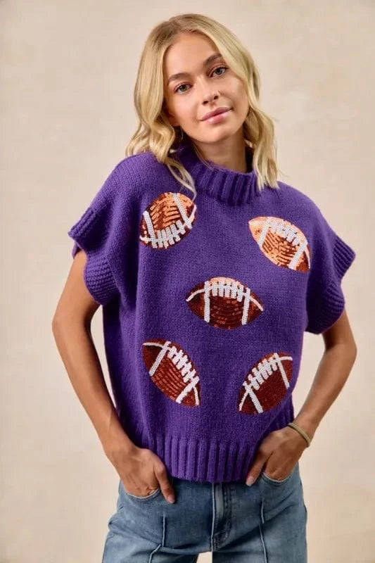 BiBi Gameday Sequin Football Patches Rib Banded Sweater - ShalayeFashion