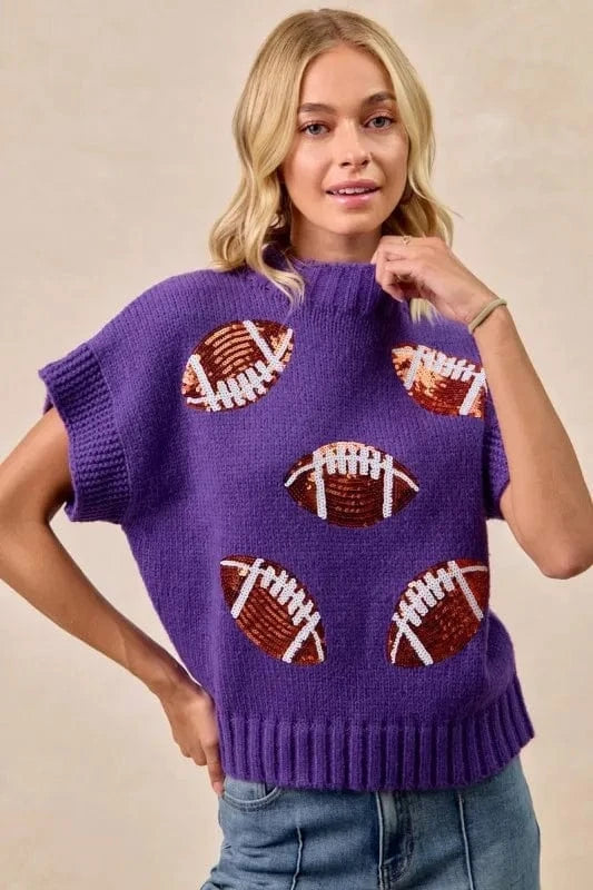 BiBi Gameday Sequin Football Patches Rib Banded Sweater - ShalayeFashion