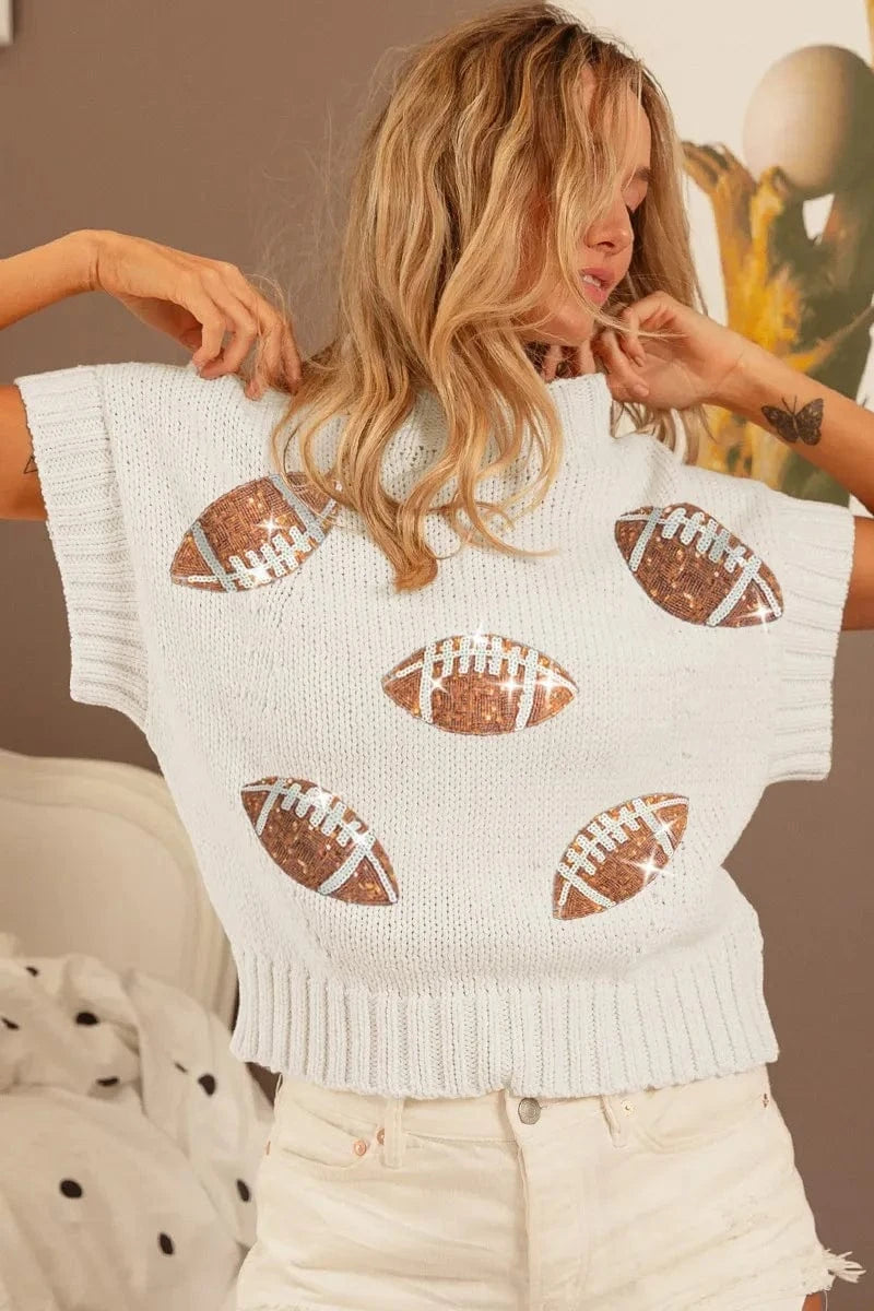 BiBi Gameday Sequin Football Patches Rib Banded Sweater - ShalayeFashion