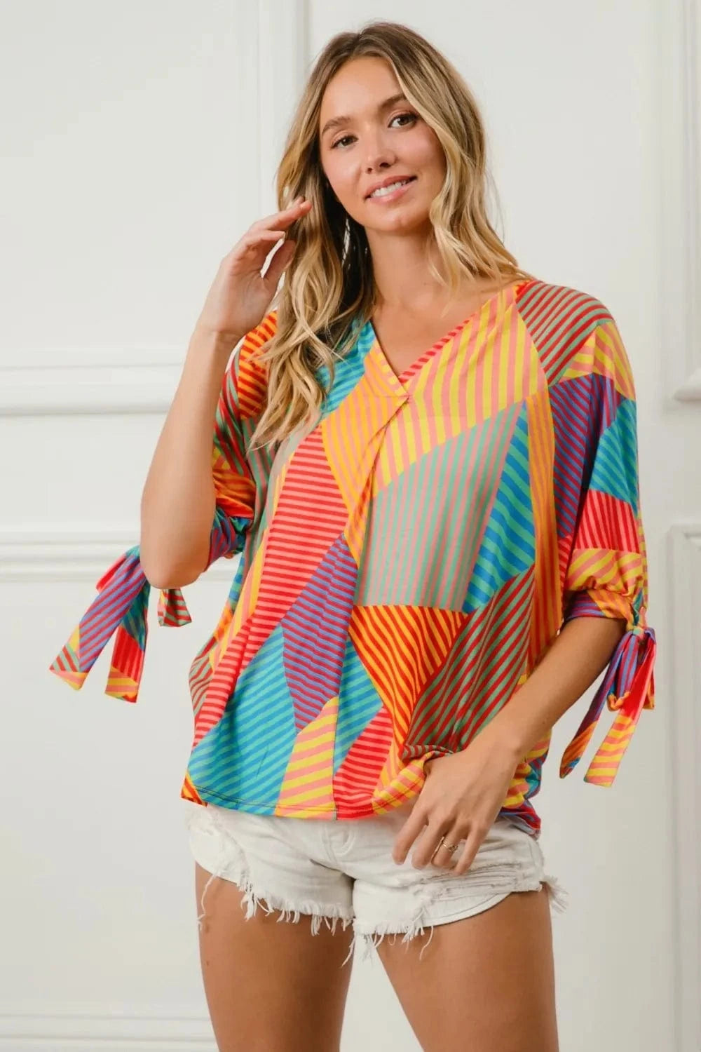 BiBi Multi Stripe Block Printed Jersey Blouse with Tied Sleeves - ShalayeFashion