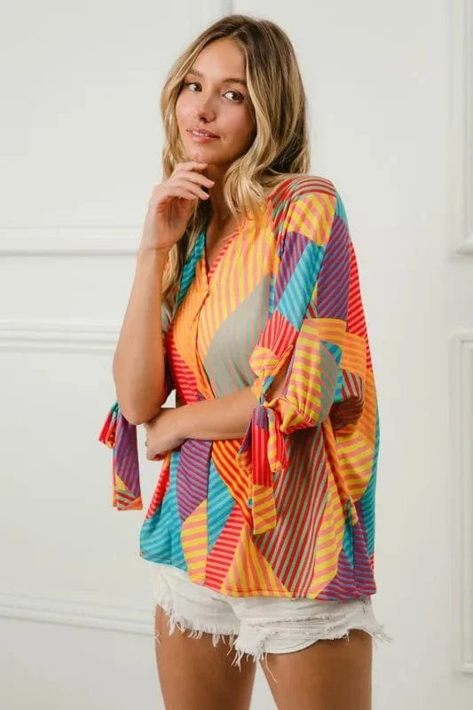 BiBi Multi Stripe Block Printed Jersey Blouse with Tied Sleeves - ShalayeFashion