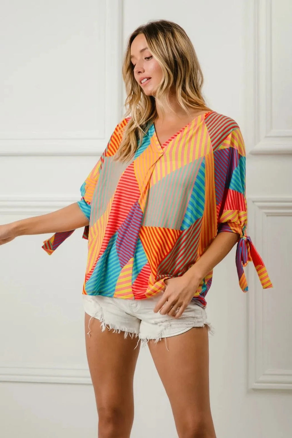 BiBi Multi Stripe Block Printed Jersey Blouse with Tied Sleeves - ShalayeFashion