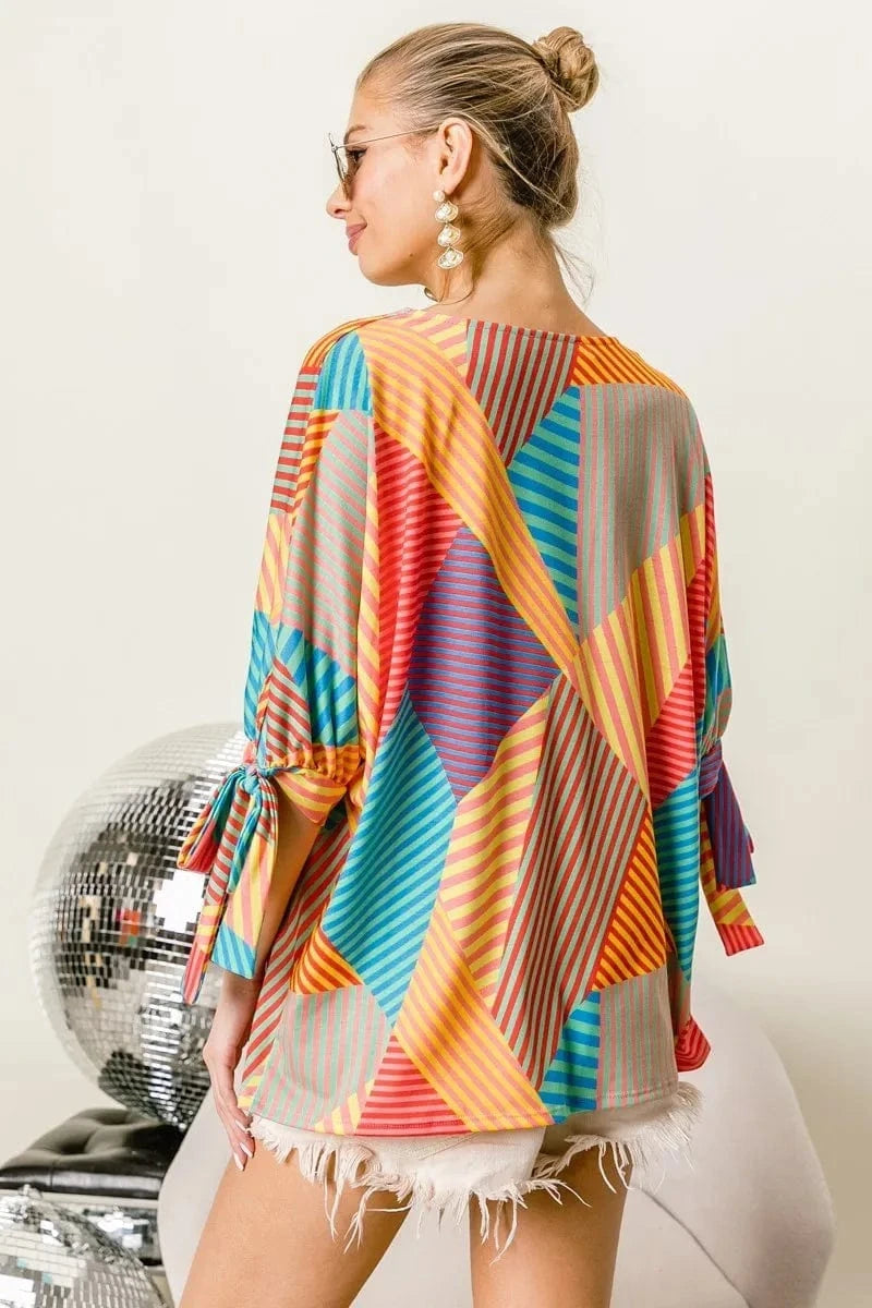 BiBi Multi Stripe Block Printed Jersey Blouse with Tied Sleeves - ShalayeFashion