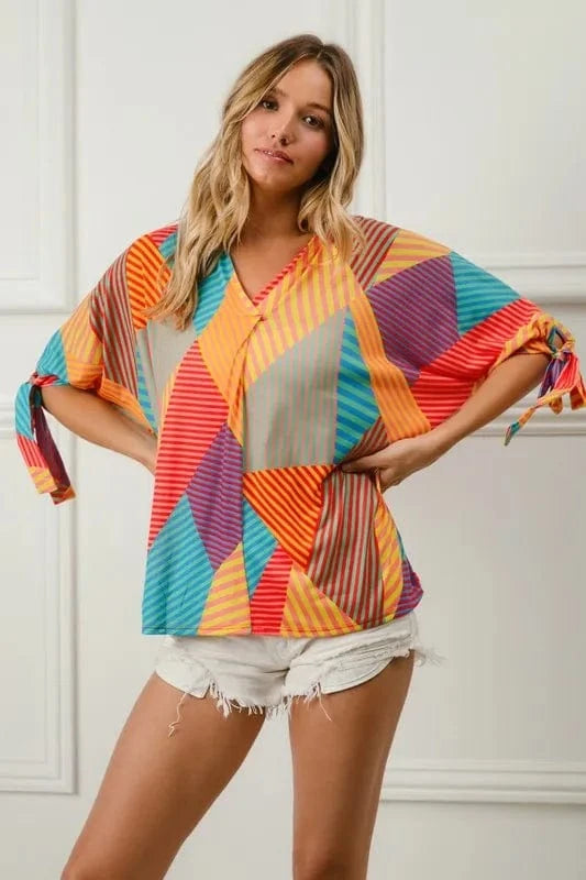BiBi Multi Stripe Block Printed Jersey Blouse with Tied Sleeves - ShalayeFashion