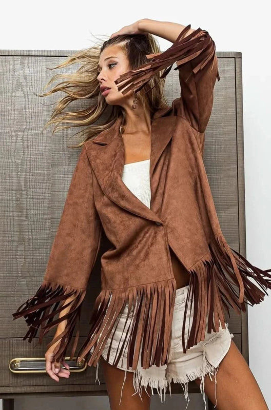BiBi Single Blazer with Fringed Hem - ShalayeFashion