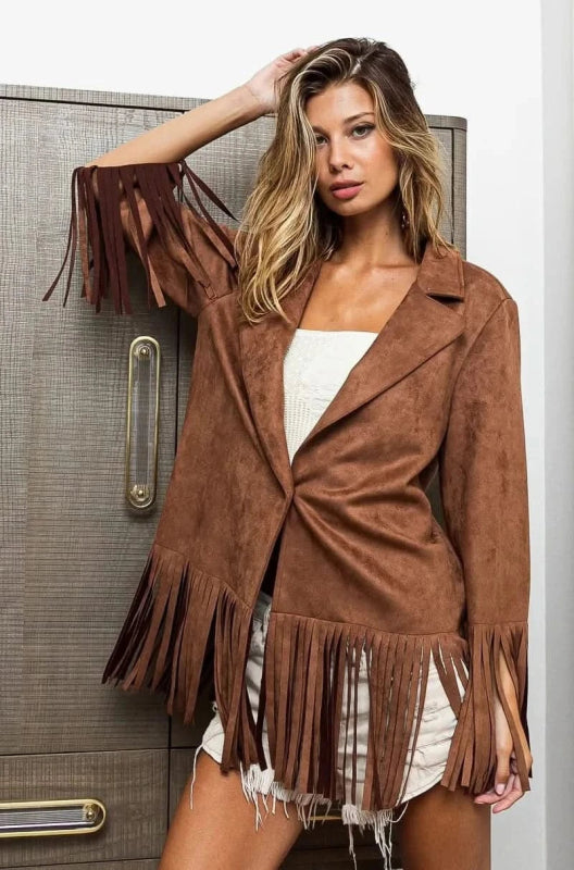 BiBi Single Blazer with Fringed Hem - ShalayeFashion