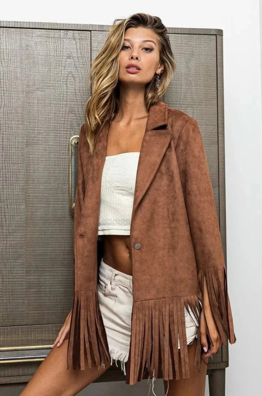 BiBi Single Blazer with Fringed Hem - ShalayeFashion