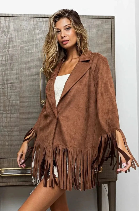 BiBi Single Blazer with Fringed Hem - ShalayeFashion