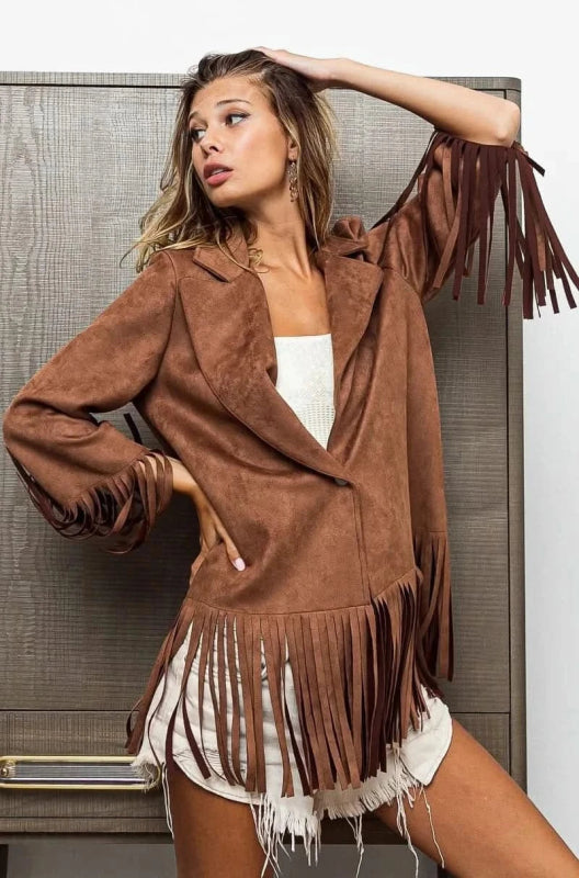 BiBi Single Blazer with Fringed Hem - ShalayeFashion