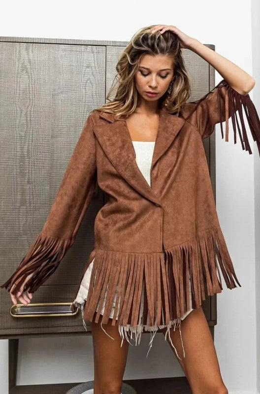 BiBi Single Blazer with Fringed Hem - ShalayeFashion