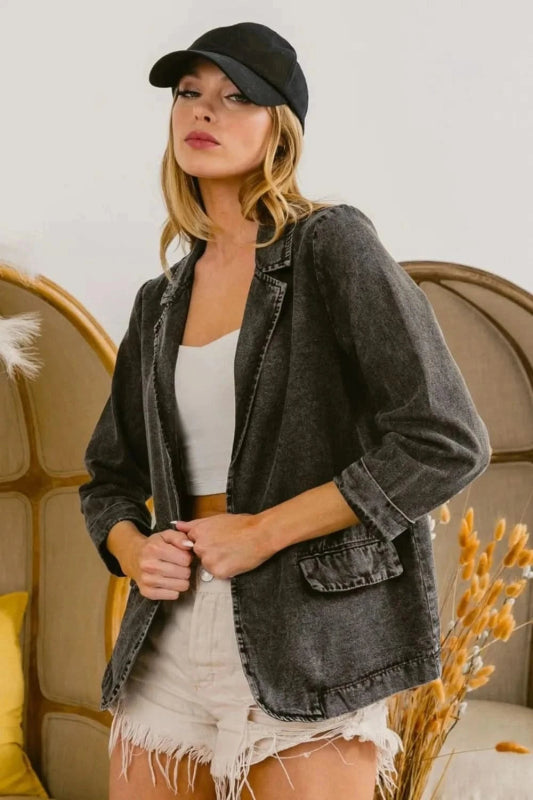 BiBi Single Breasted Washed Denim Blazer - ShalayeFashion