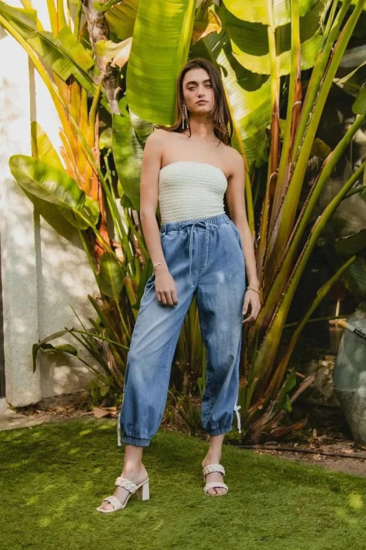 BiBi Striped Tape Details With Bot Tied Point Elastic Waist Jeans - ShalayeFashion