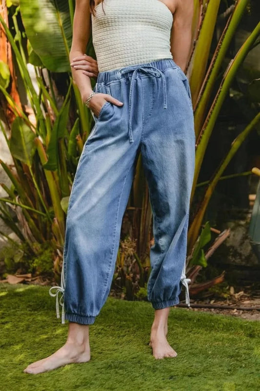 BiBi Striped Tape Details With Bot Tied Point Elastic Waist Jeans - ShalayeFashion