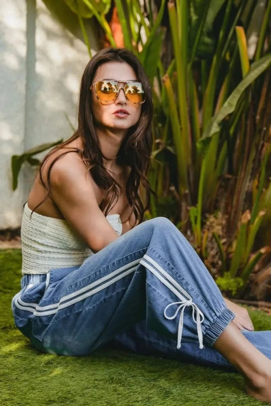 BiBi Striped Tape Details With Bot Tied Point Elastic Waist Jeans - ShalayeFashion