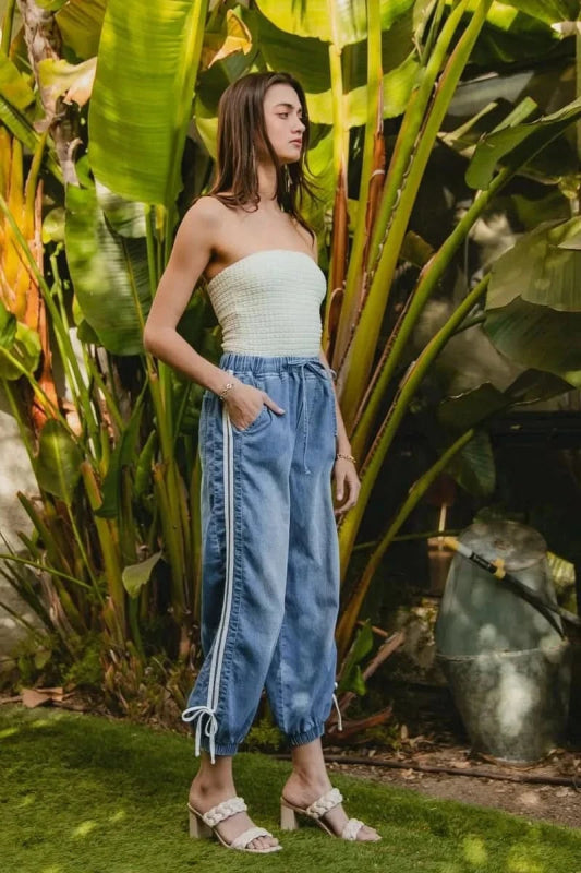 BiBi Striped Tape Details With Bot Tied Point Elastic Waist Jeans - ShalayeFashion