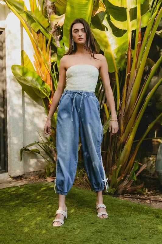 BiBi Striped Tape Details With Bot Tied Point Elastic Waist Jeans - ShalayeFashion