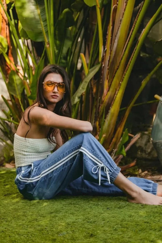 BiBi Striped Tape Details With Bot Tied Point Elastic Waist Jeans - ShalayeFashion