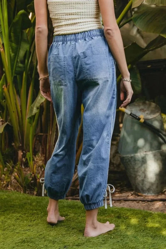 BiBi Striped Tape Details With Bot Tied Point Elastic Waist Jeans - ShalayeFashion