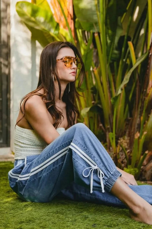 BiBi Striped Tape Details With Bot Tied Point Elastic Waist Jeans - ShalayeFashion