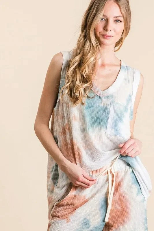 BiBi Tie Dye Textured Knit Top and Shorts Set - ShalayeFashion