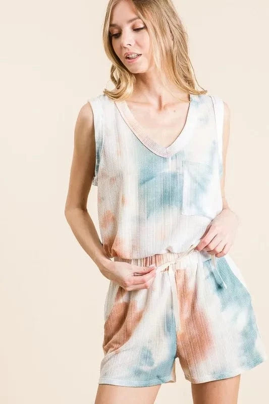 BiBi Tie Dye Textured Knit Top and Shorts Set - ShalayeFashion