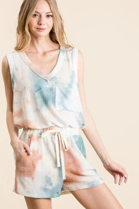 BiBi Tie Dye Textured Knit Top and Shorts Set - ShalayeFashion
