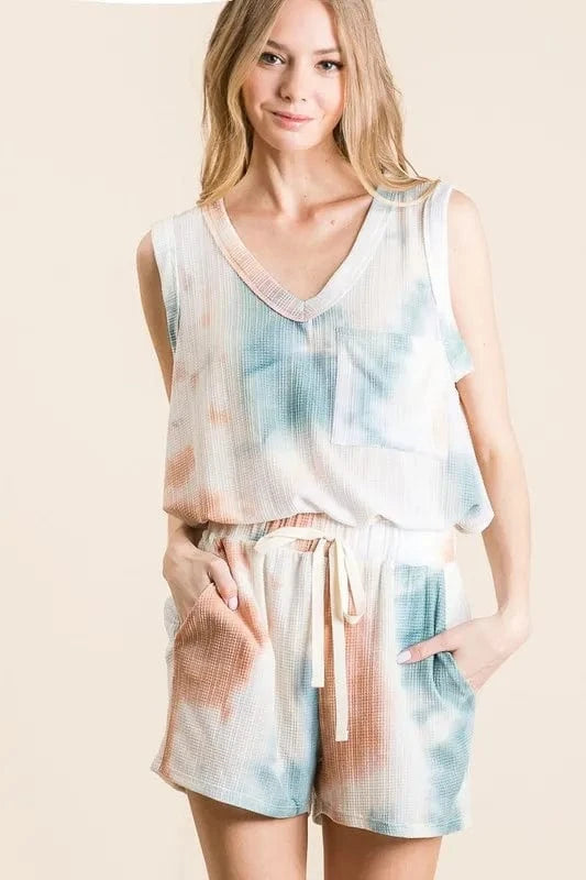 BiBi Tie Dye Textured Knit Top and Shorts Set - ShalayeFashion