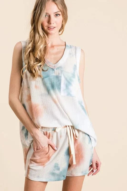 BiBi Tie Dye Textured Knit Top and Shorts Set - ShalayeFashion