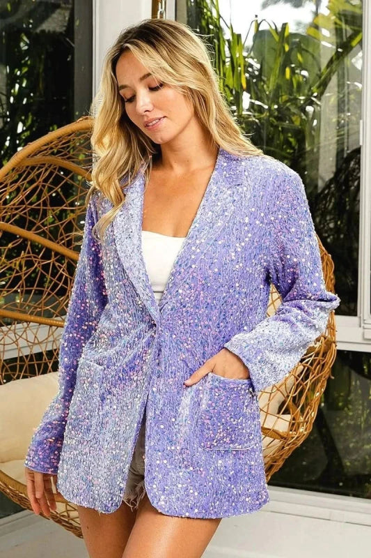 BiBi Velvet Sequins Patch Pockets Single Blazer - ShalayeFashion