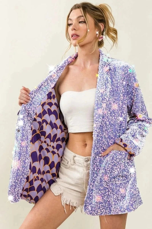 BiBi Velvet Sequins Patch Pockets Single Blazer - ShalayeFashion
