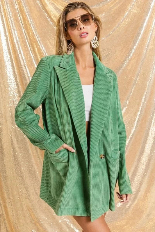 BiBi Vintage Washed Peak Lapel Double Breasted Blazer - ShalayeFashion