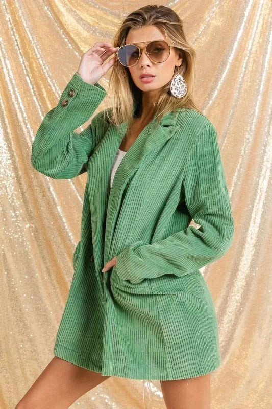 BiBi Vintage Washed Peak Lapel Double Breasted Blazer - ShalayeFashion