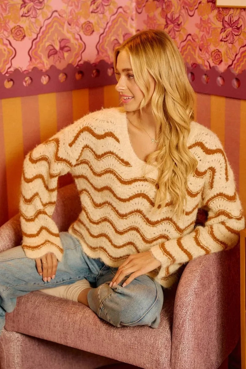 BiBi Wavy Stripes V - Neck Cropped Sweater - ShalayeFashion