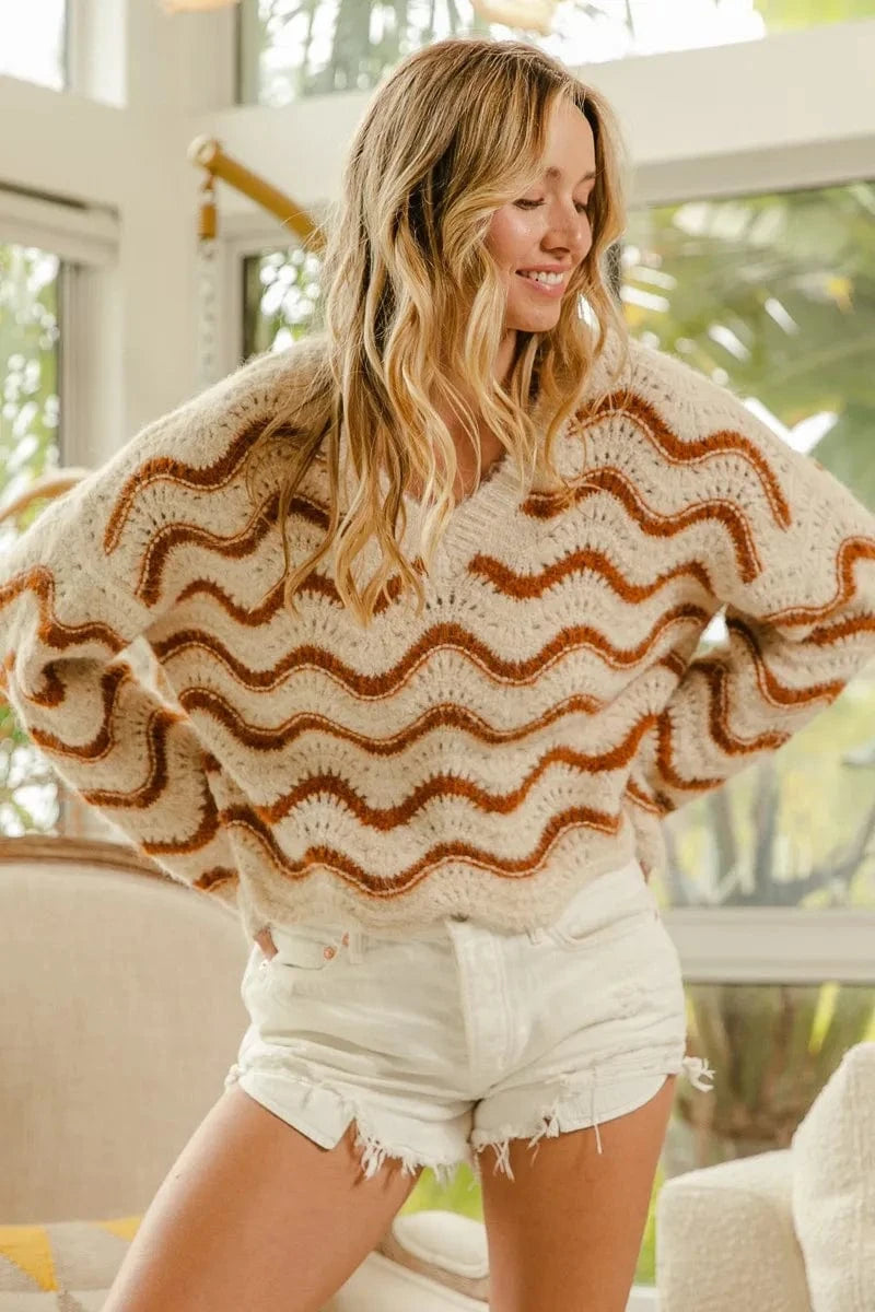 BiBi Wavy Stripes V - Neck Cropped Sweater - ShalayeFashion
