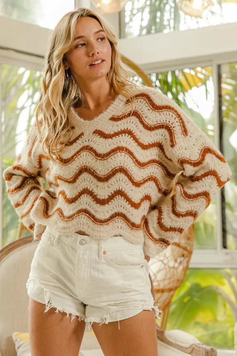 BiBi Wavy Stripes V - Neck Cropped Sweater - ShalayeFashion