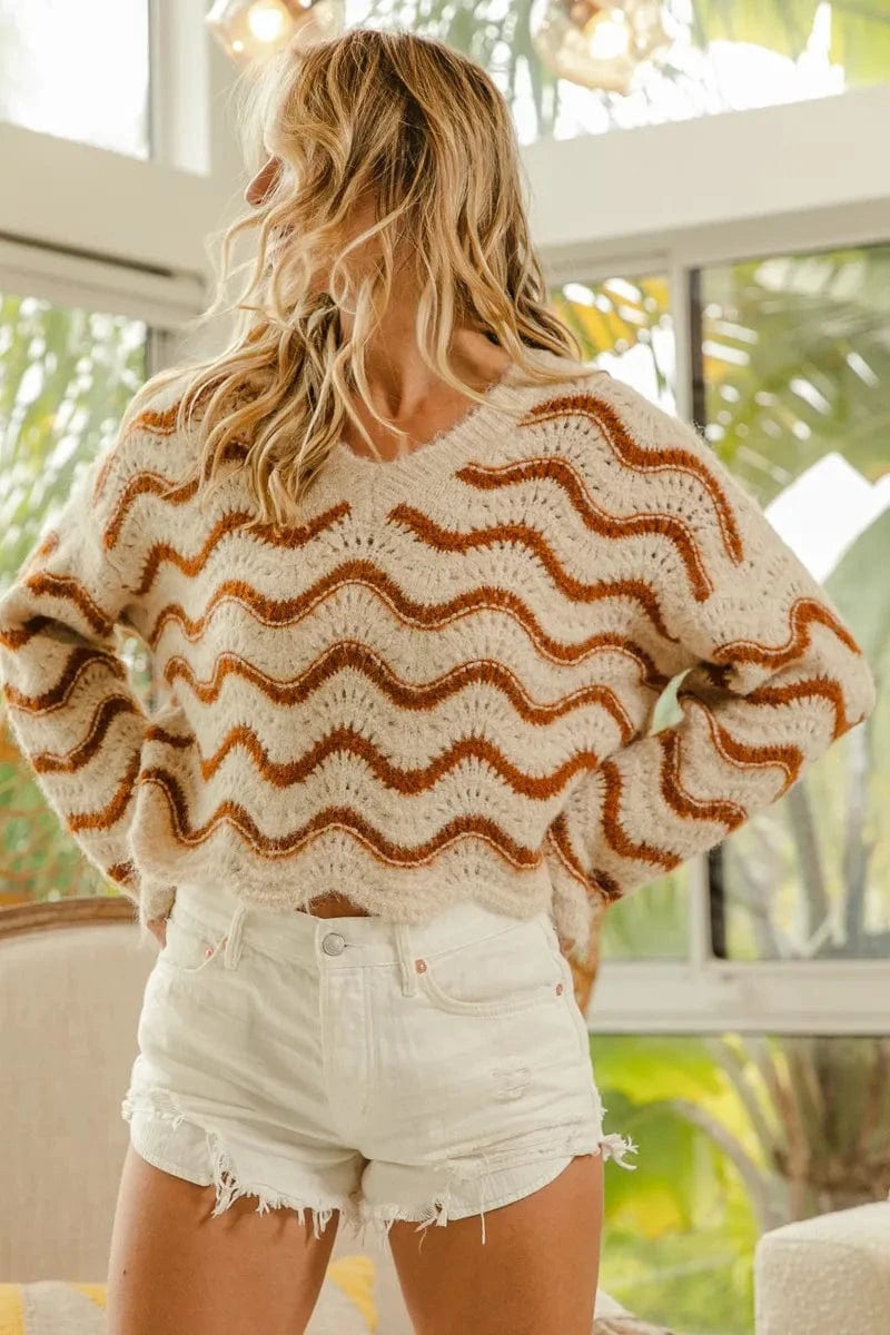 BiBi Wavy Stripes V - Neck Cropped Sweater - ShalayeFashion