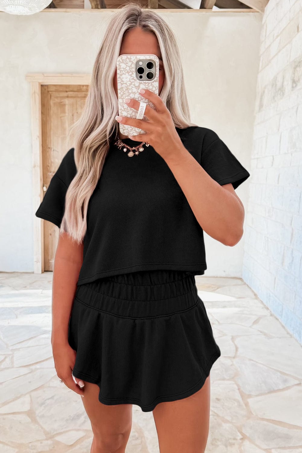 Black Cropped Tee & Ruffle Skort Set - ShalayeFashion